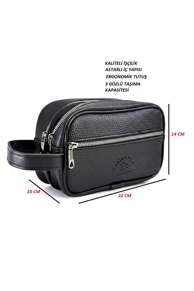 Men's Black Vegan Leather 3 Compartment Portfolio Toiletry Bag