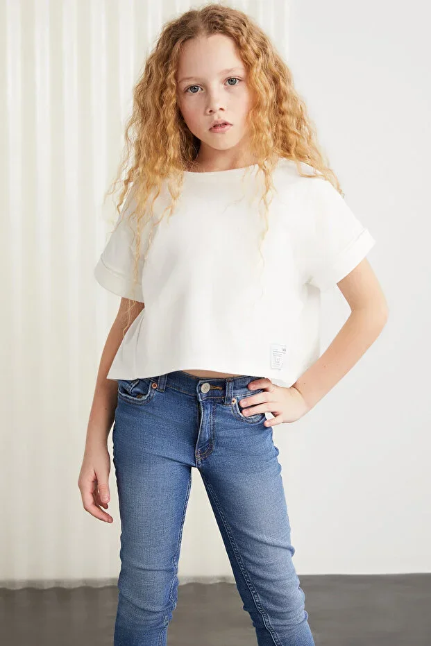 Verena Girls' 100% Cotton White T-shirt with Double Sleeve Decorative Label