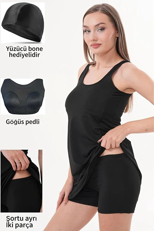 Women's Lycra Shorted Plain Dress Swimsuit, Skirted Swimsuit Black