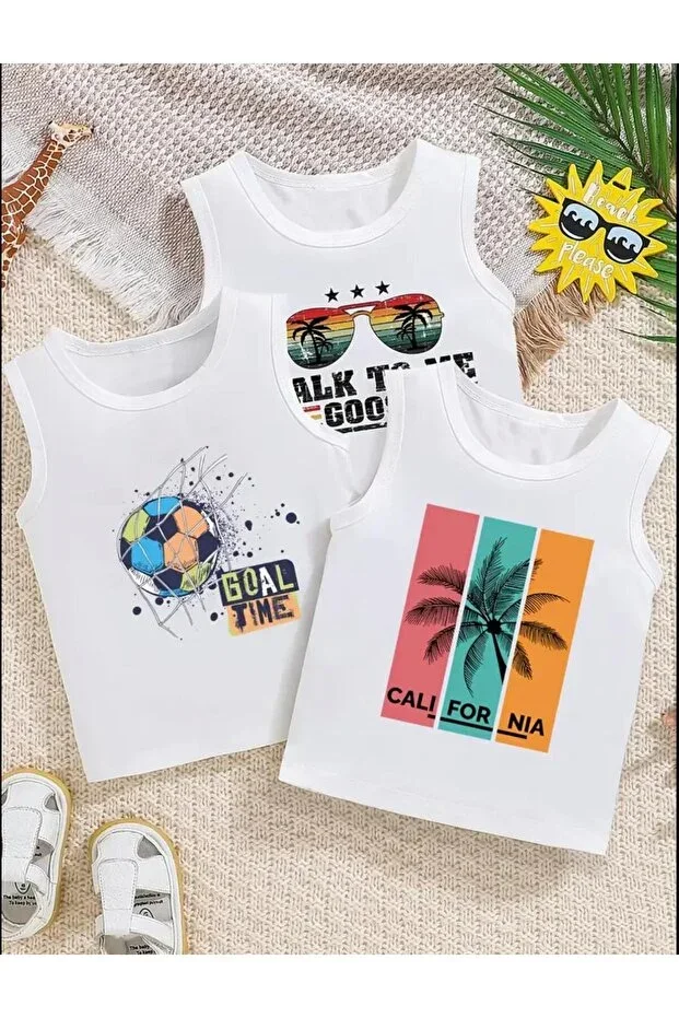 Boys Sleeveless 3-Pack White Hawaii Glasses-GoalTime-California Print Jersey T-Shirt