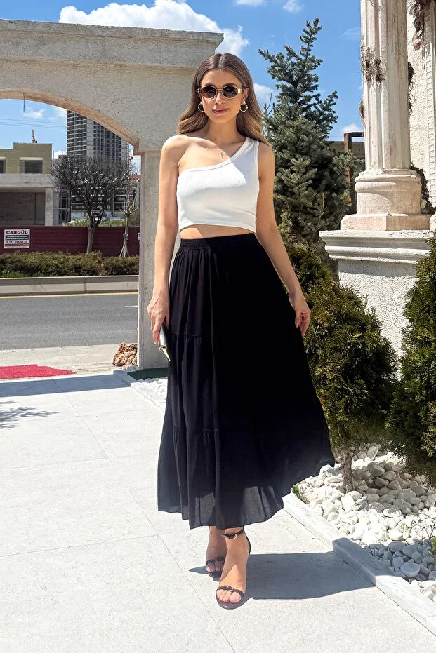 ModaPlaza Women's Ruffled Long Skirt Black