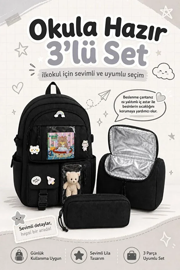 Korea Model 3-Piece Primary School Bag Set, Backpack + Lunch Bag + Pencil Case