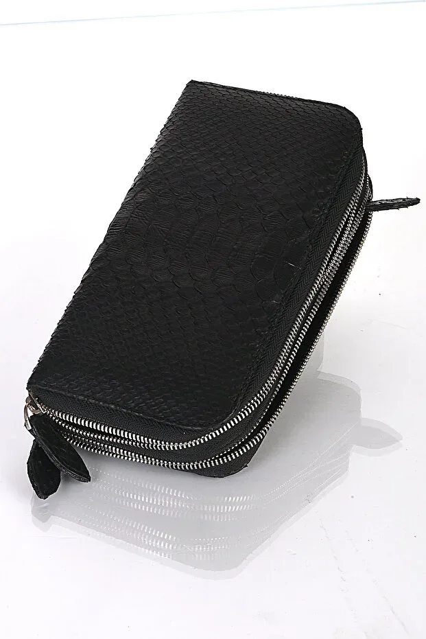 Genuine Snake Skin Double Zipper Money Portfolio Handbag Wallet