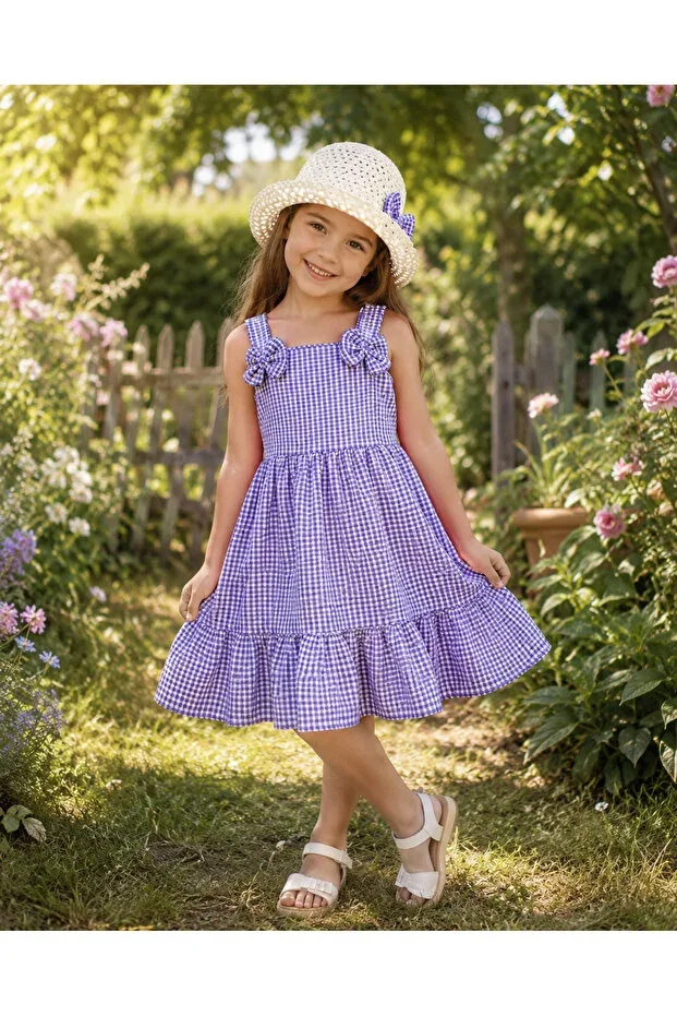Girls' Plaid Print Strappy Summer Dress and Straw Hat Set
