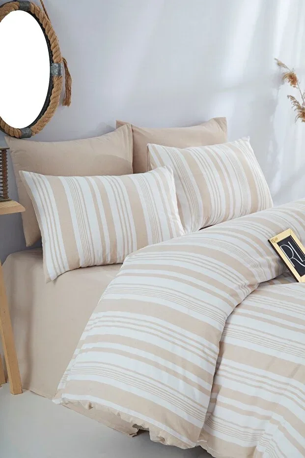 Bohemian Beige Striped Double Duvet Cover Set