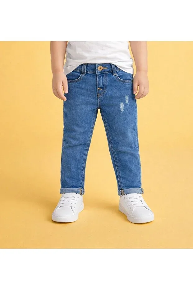 Children's Jean Denim Pants with Distressed Detail and Adjustable Elastic Waist
