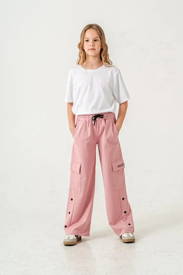 Cargo Pocket Riveted Pocket Flap Inspiration Print Girls' Sweatpants