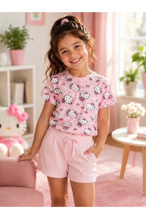 Girls' Cute Character Print Short Sleeve T-Shirt – Powder Pink Crew Neck Casual Summer Kids T-Shirt
