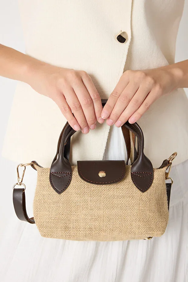Women's Coffee Mini Size Strap Straw Handbag and Crossbody Bag