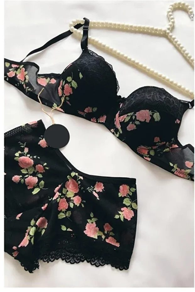 Women's Padded Supportive Pink Floral Black Boxer Brief Style Lingerie Set