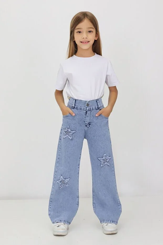 Jeans Girls Cotton Star Pattern Elastic Waist Wide Leg Starry Denim