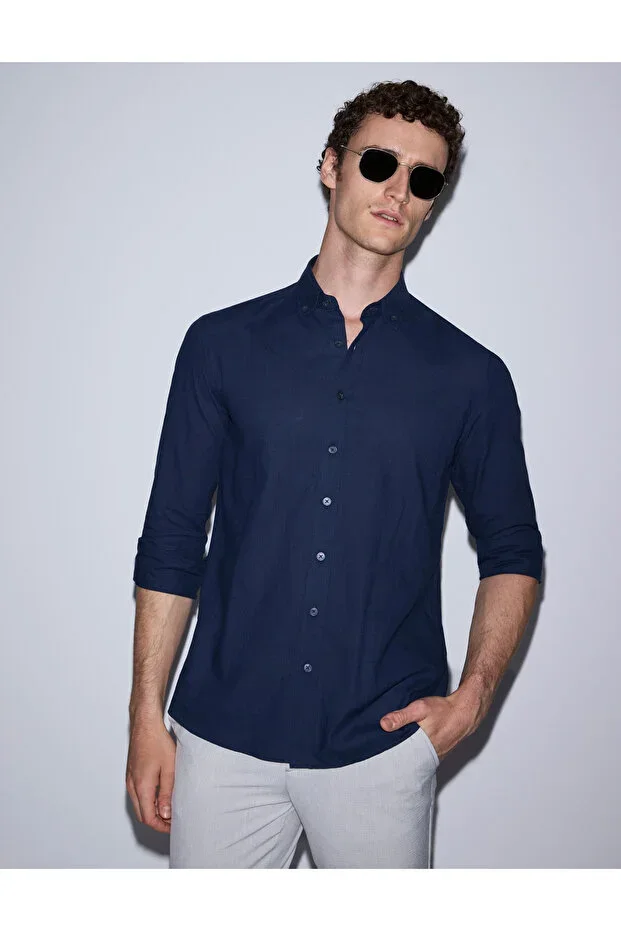 Dark Navy Blue 100% Cotton Linen Look Slim Fit Long Sleeve Shirt 50325355-VR100