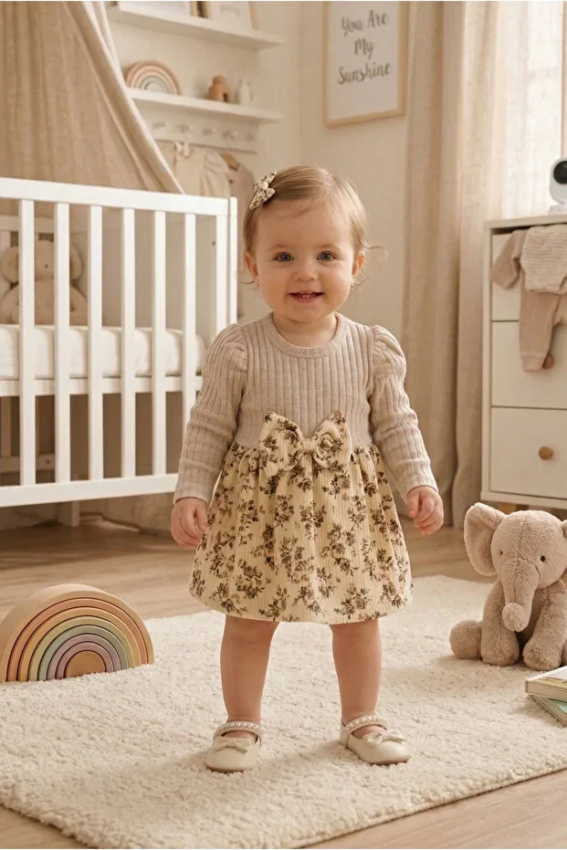 Baby Girl Tricot Top and Floral Patterned Skirt Dress - Long Sleeve Chic Model
