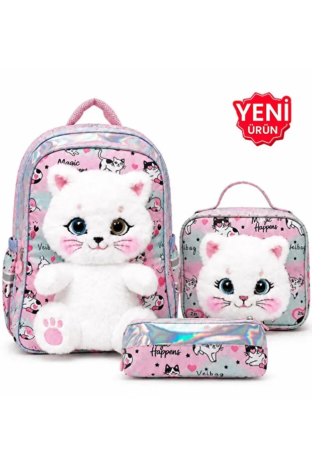 Girls' Primary School Bag 3-Piece Set Plush Detailed Backpack Lunch Bag Pencil Case