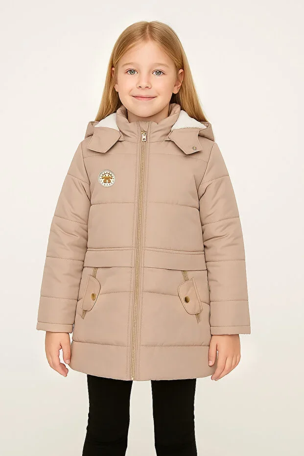 Mika Bebek & Çocuk Hooded Beige Girls' Coat with Snap Pocket Detail