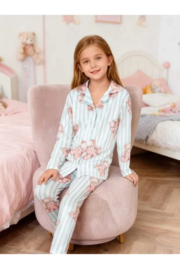 Pink Bear Print Striped Milan Thin Fabric Shirt Collar GIRL Child Pajama Set