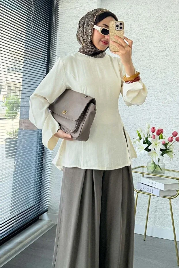 MELEK ARAZ Premium Side Slit Detailed Tunic - Ecru