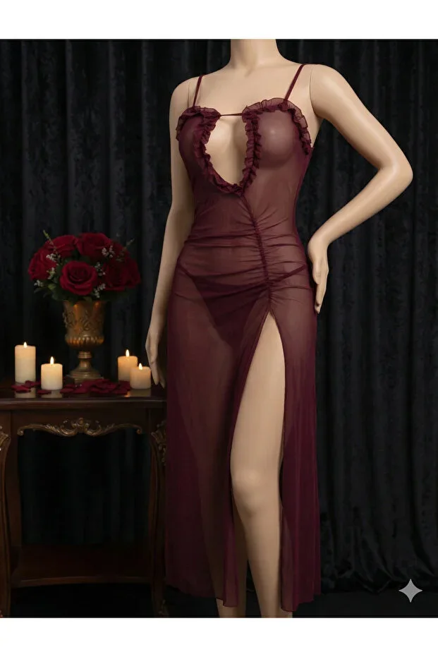 Burgundy Nightgown with Side Slit and Buckle Detail