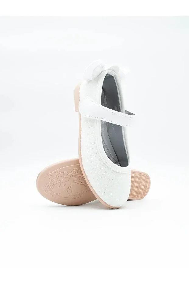 Girl White Glitter Orthopedic Non-Slip Sole Velcro Ballet Flats