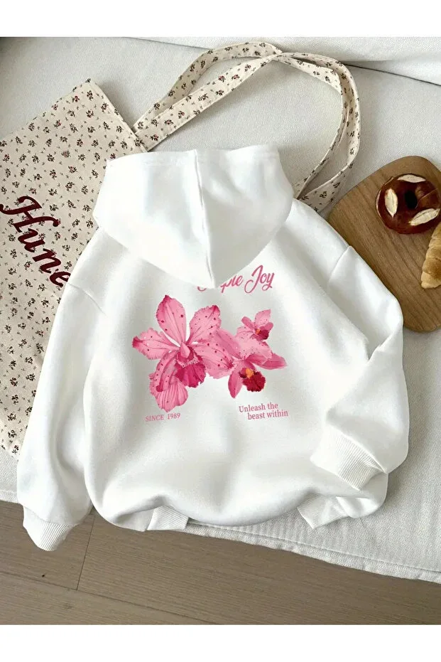 Girls Front Back Simple Joy Printed White Hooded 2-Thread Sweatshirt
