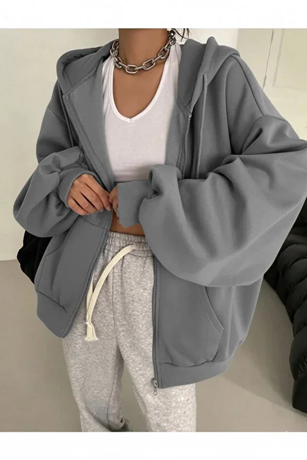 Women's Smoke Grey Balloon Sleeve Cardigan Hooded Full Zip Pockets 100% Cotton Winter