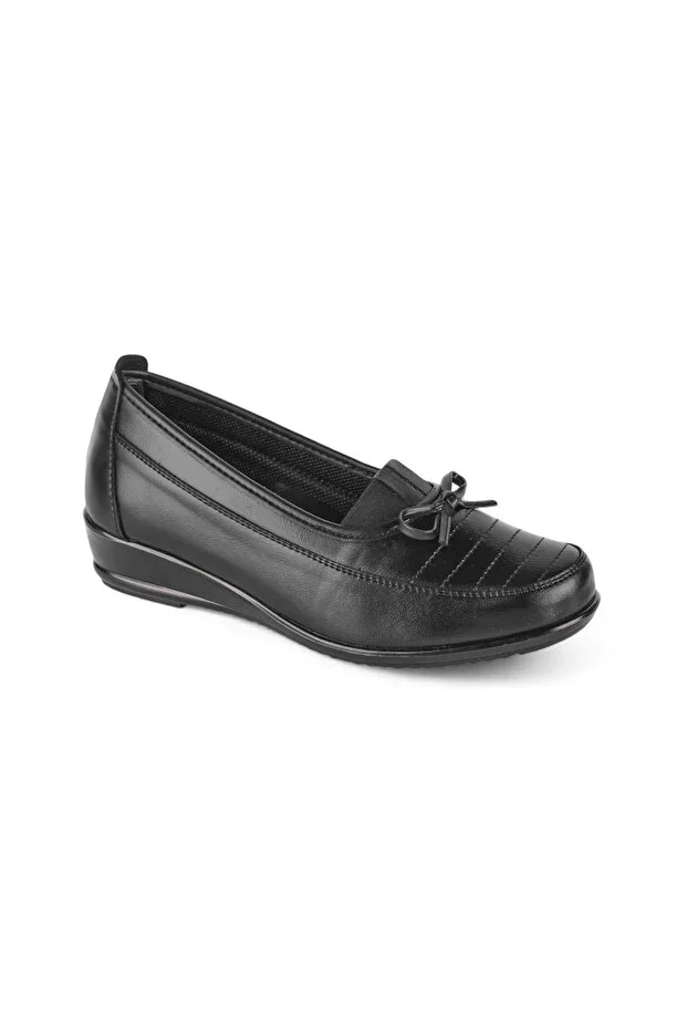 Genuine Leather Inside Women's Full Orthopedic Heel Gel Black Daily Ribbon Mother Shoes