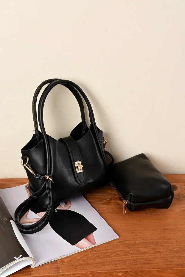 Elegant Faux Leather Women's Handbag and Shoulder Bag with Metal Buckle Belt and Double Straps