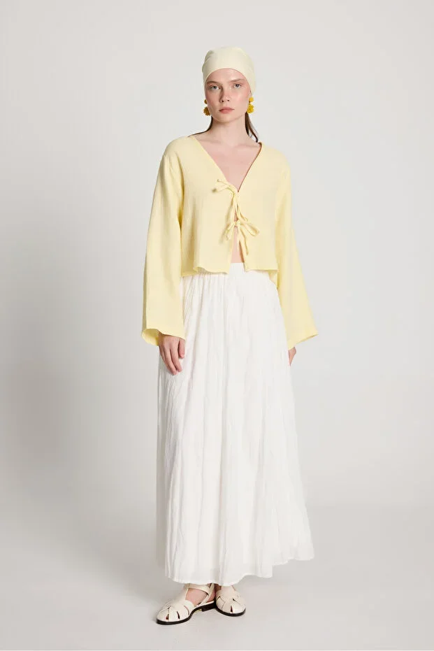 minaaise Women's White Voile Fabric Wrinkled Long Lined Skirt 29062