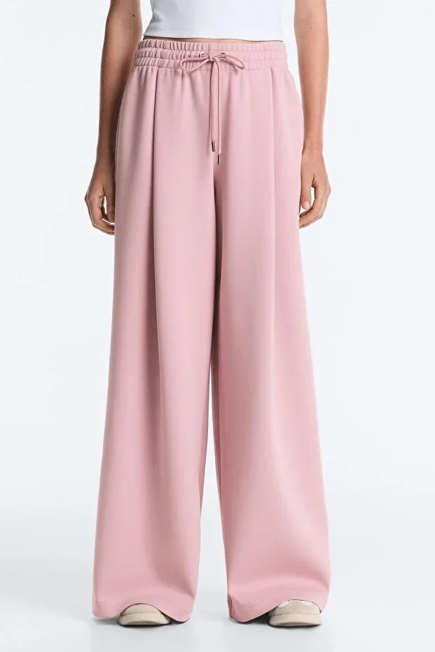 Oysho Cotton Pleated Straight Cut Pique Trousers