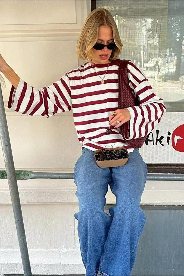 Ecru Striped Long Sleeve Women's T-shirt MG2571