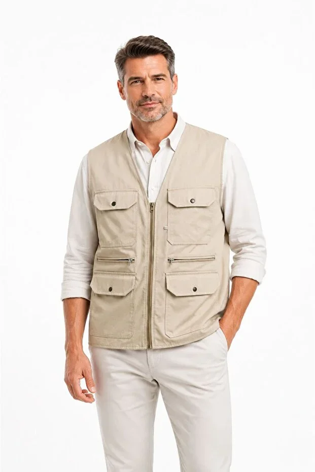 Men's Father Model V-Neck Multi-Pocket Hunter Vest Seasonal Outdoor Vest