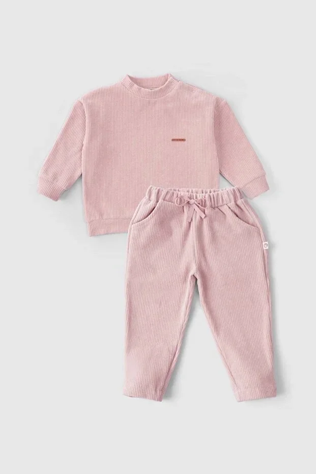 Ribbed Velvet Baby Tracksuit Set Pink