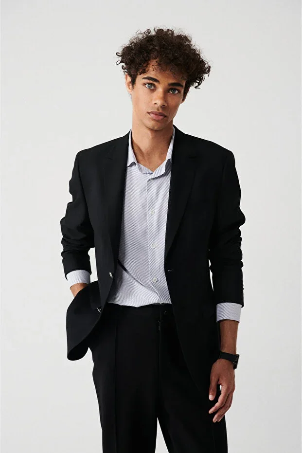 Men's Black Pocketed Lined Double Vent Wool Slim Fit Blazer A32Y4029