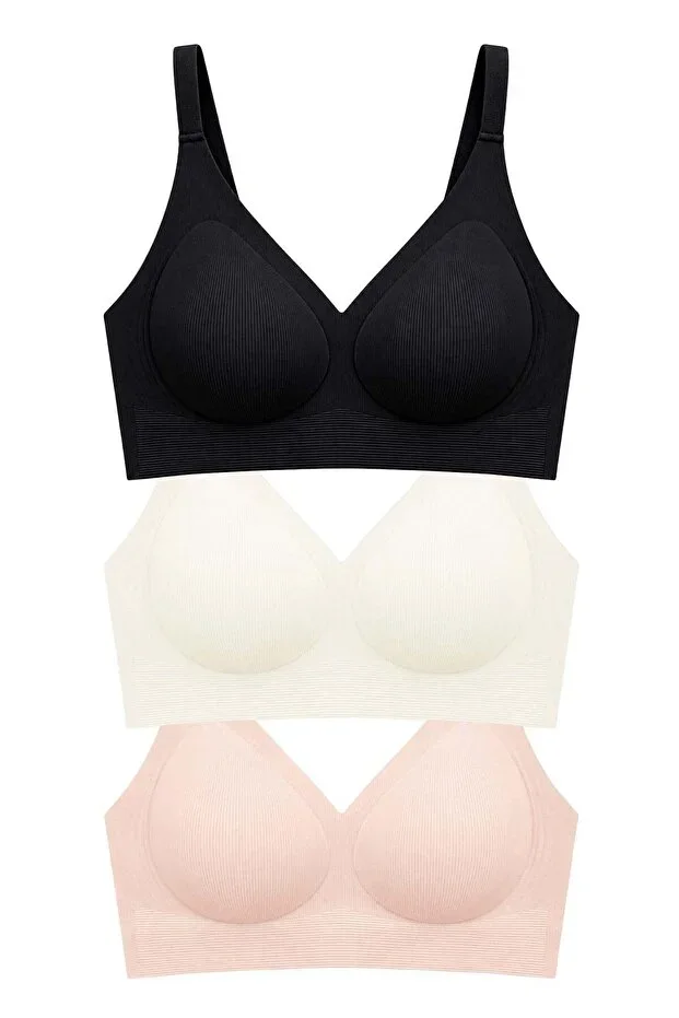 Seamless Bra - Velora | Laser Cut Wireless Rib Textured Seamless Women's Bra 3-Pack-2