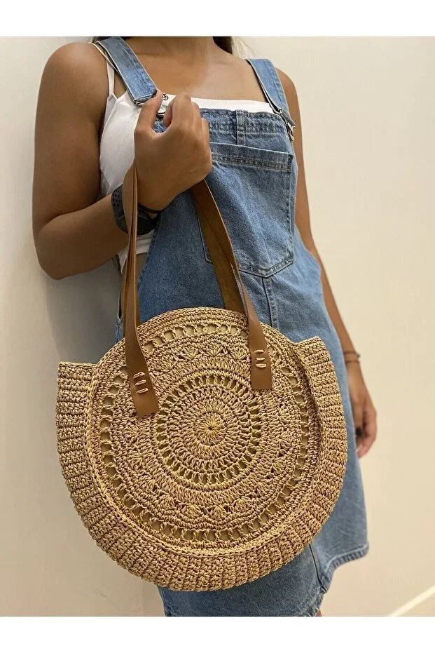 Straw Bag. Round Bag, Shoulder Bag, Knitted Bag, Beach Bag, Handmade Bag, Handicraft.