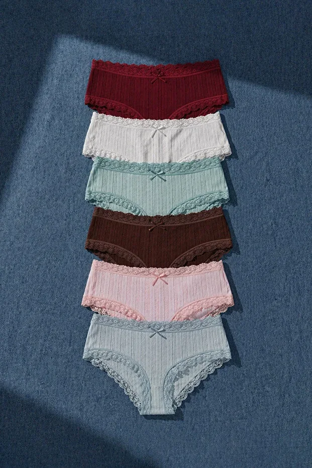 Women's 6-Pack 100% Cotton Panties with Lace and Bow Detail