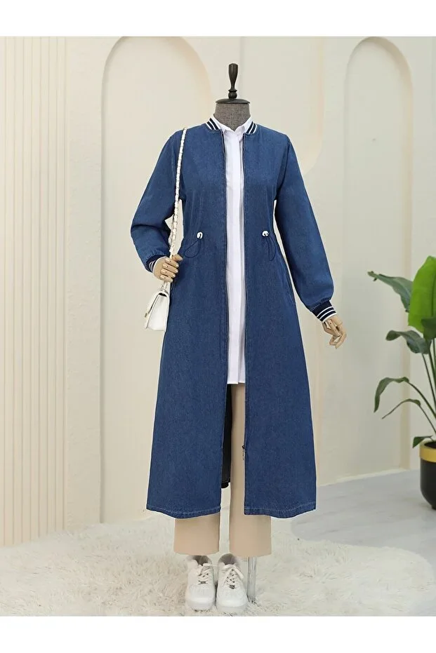 Waist Elastic Tunnel Laced Zippered Denim Coat