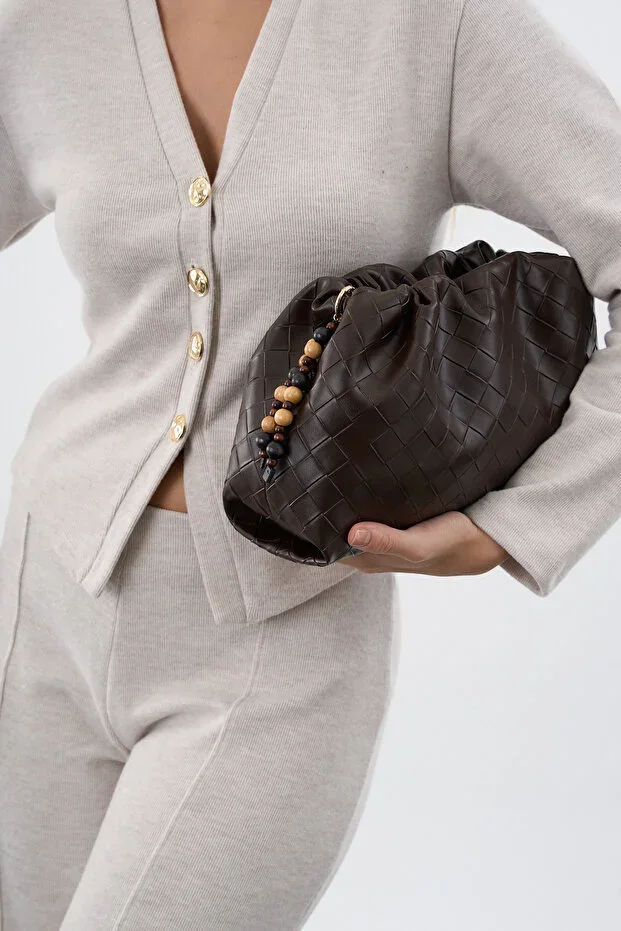 Women's Drawstring Bag Brown Woven (Charm Bead Not Included)