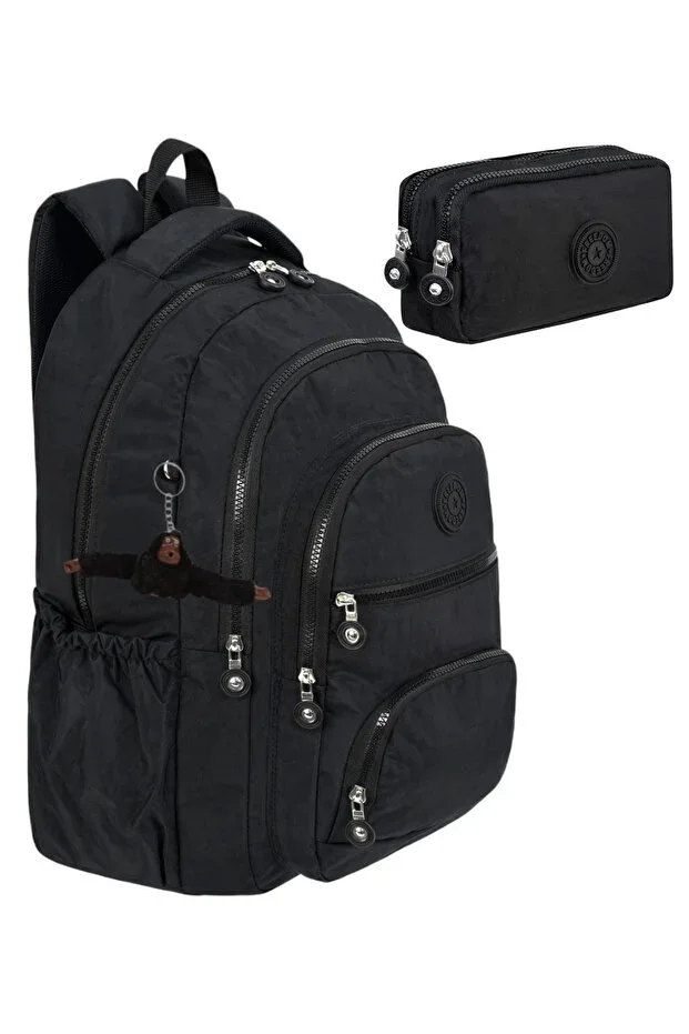 2'li Set Luxury Crinkle Fabric High School and Middle School Backpack + Pencil Case, Monkey Keychain Gift
