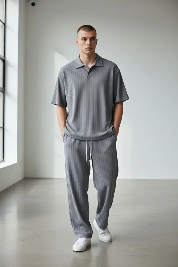 Men's Smoke Grey Striped Pleated Crepe Oversize Set