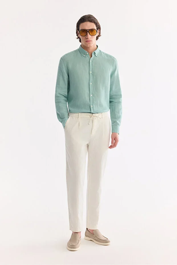 Men's Broken White Belted Linen Blend Chino Relaxed Fit Trousers B003036