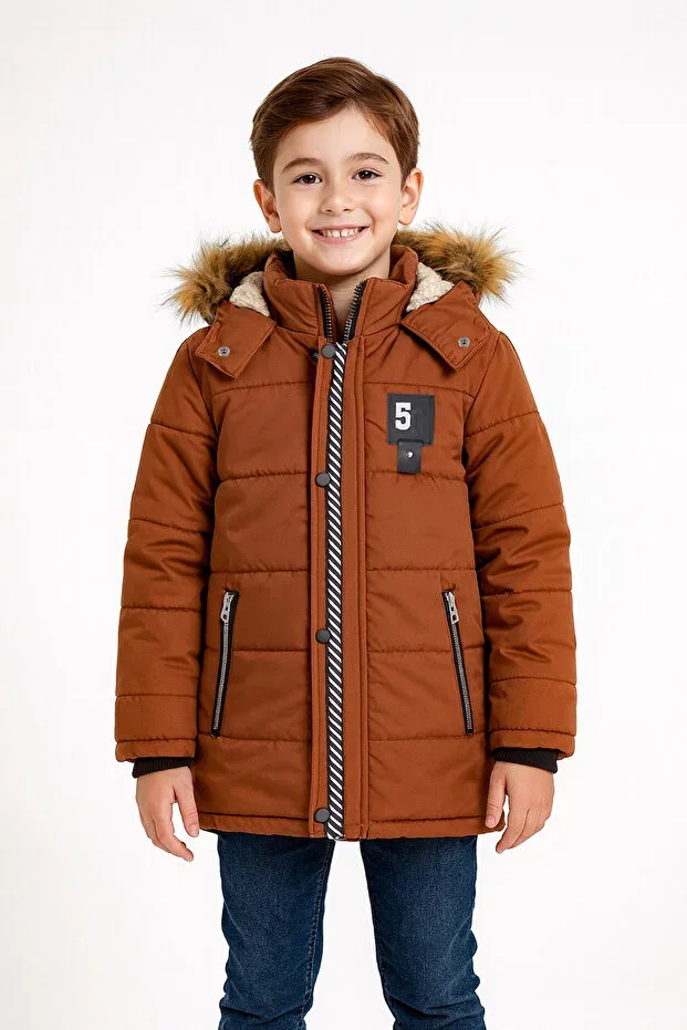 Thick Fiber Filled Water Wind and Rainproof Hooded Brown Boys Winter Luxury Jacket
