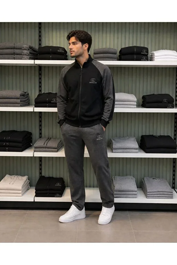 Men's Summer/Seasonal 2-Thread Combed Fabric Wide Leg Black Charcoal Sweatsuit Set