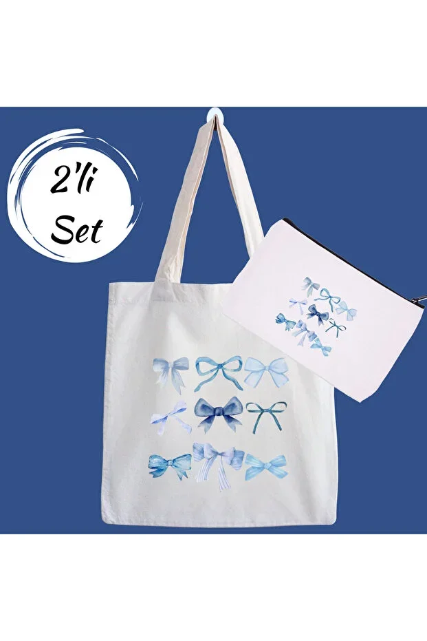 Blue Bow Campaign 2-Piece Canvas Bag and Makeup Bag Set