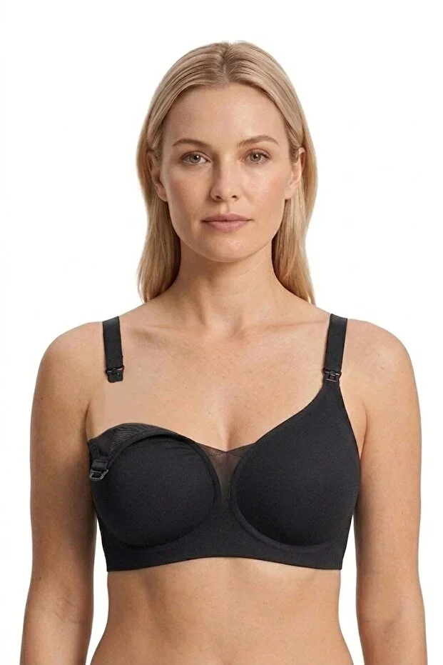 Seamless Bra - Nuvia | Black Laser Cut Clip Front Opening Rib Textured Seamless Nursing Bra