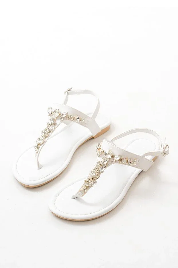 152-1110 White Silver Stone Toe Ring Women Sandal