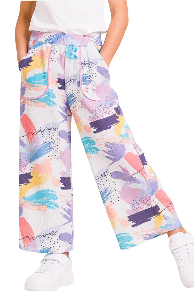 Girls' Colorful Dye Patterned Pants, Pocket, Colorful Trim, Thin Fabric, Summer Children's Pants