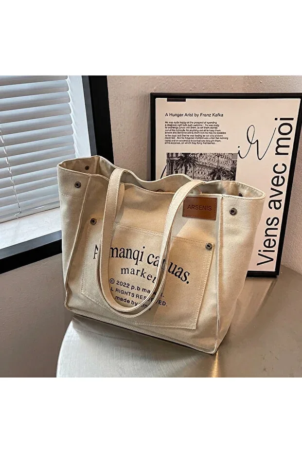 Arsenis Large Size Pocket Canvas Tote Shoulder Bag