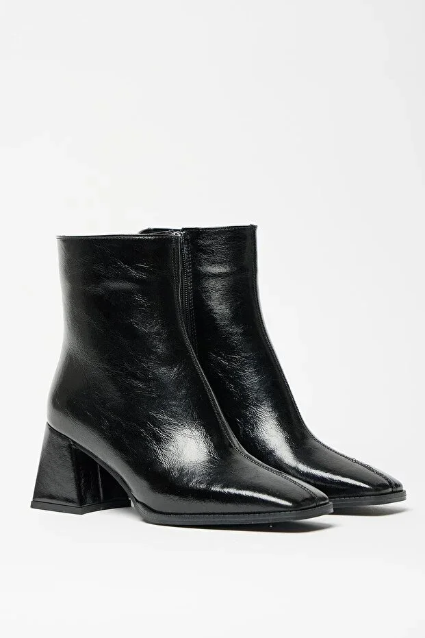 Women's Black Patent Leather Boot & Bootie, Square Toe, Heeled, Contrast PU Leather, Zippered, Stylish