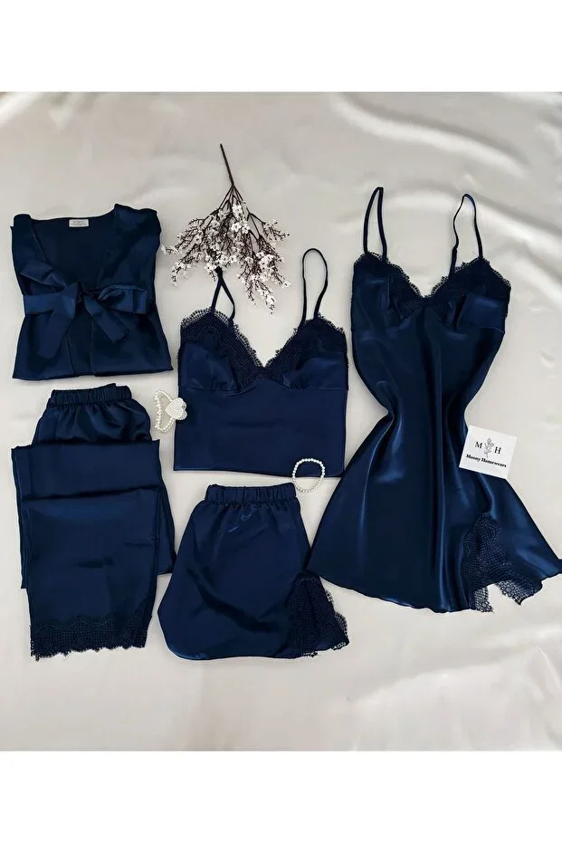 Boxed 5-Piece Lavicert Valide Satin Pajama Nightgown Robe Dowry Set